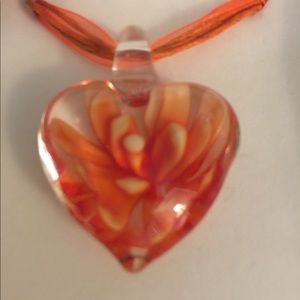 🌷SALE🌷Handblown Glass Heart w Orange Floral NIB